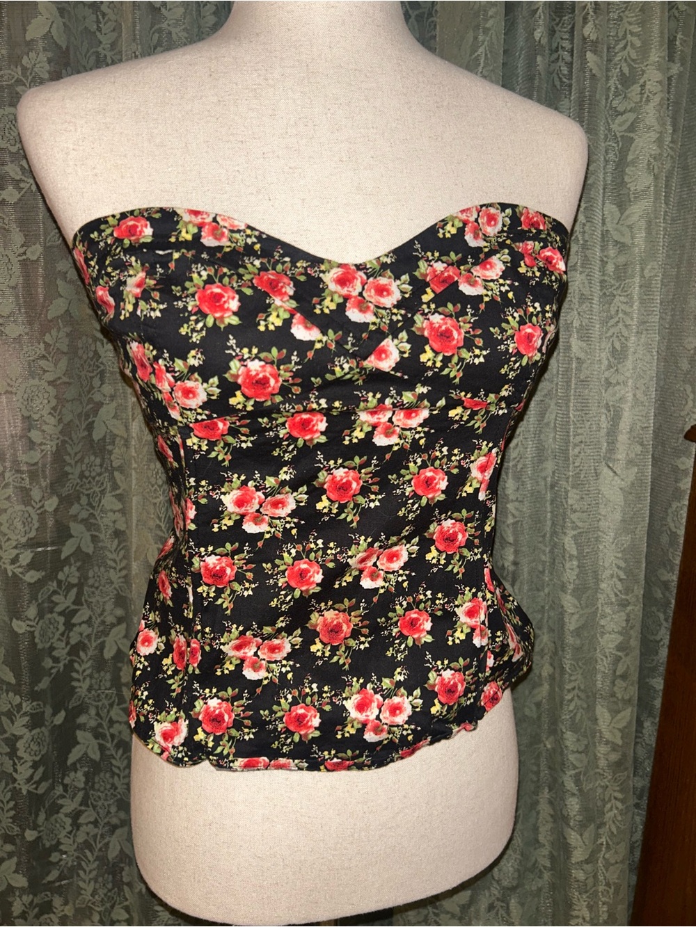 Black Floral Rose Strapless Bustier Tube Top